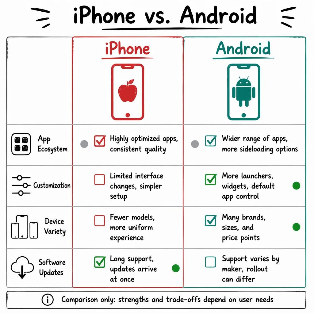Skizzenhafte Produktvergleich Tabelle mit iPhone- und Android-Spalten, 4 Attributreihen, roten und türkisen Akzenten.