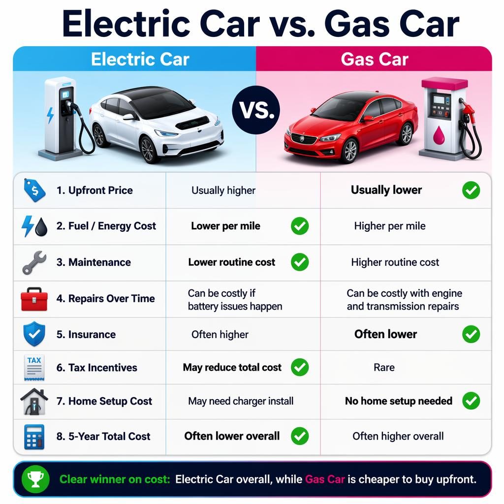Side-by-side infographic comparing Electric Car vs Gas Car costs with 8 rows, isometric car icons, and winner markers.