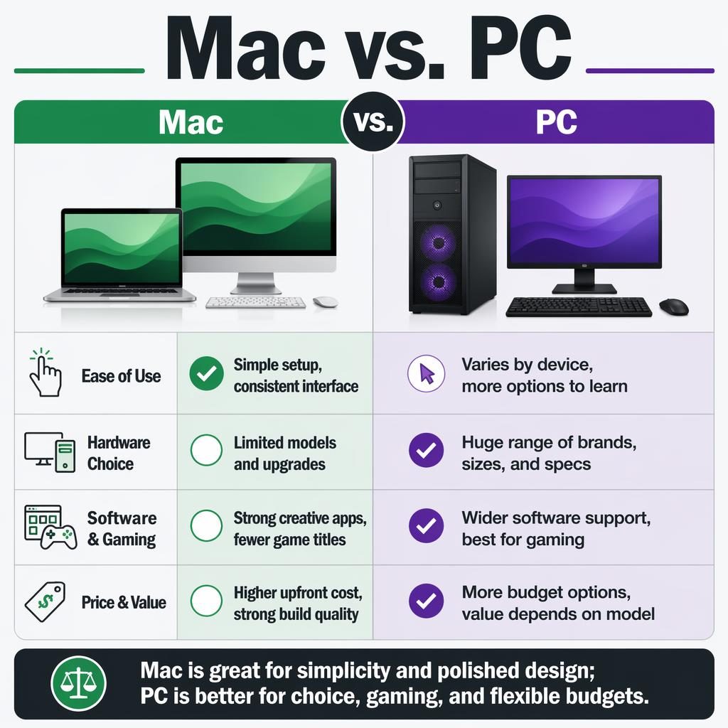 Side-by-side Mac vs PC infographic with 4 comparison rows, green Mac column, purple PC column, icons, and verdict bar.