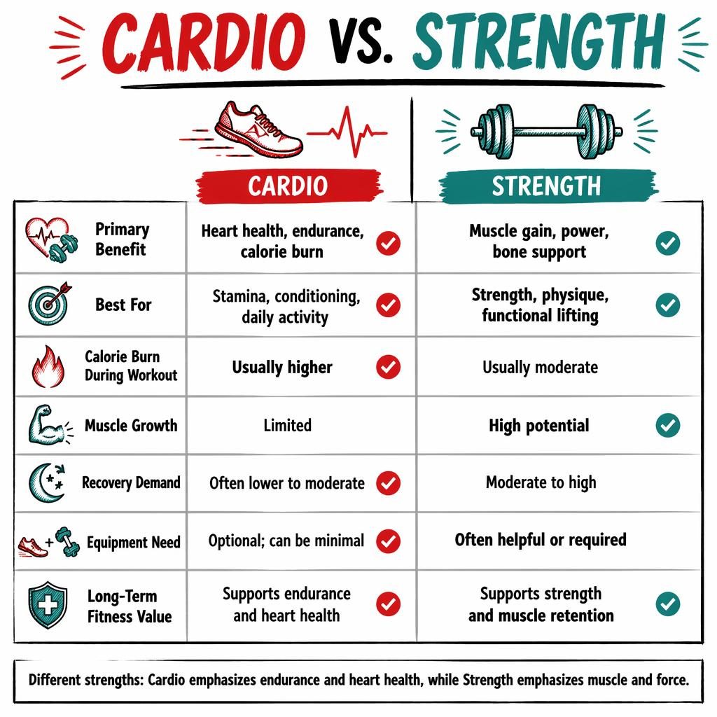 Sketch-style Cardio vs Strength comparison infographic with 7 rows, red and teal columns, fitness icons, and balanced notes.