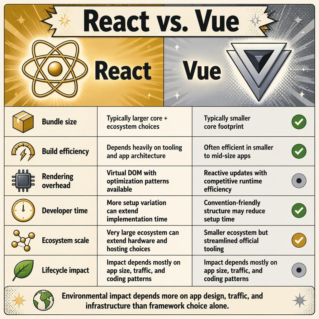 Infographie comparative React vs. Vue en 2 colonnes, style rétro pop, avec 6 critères, icônes et accents or/argent.