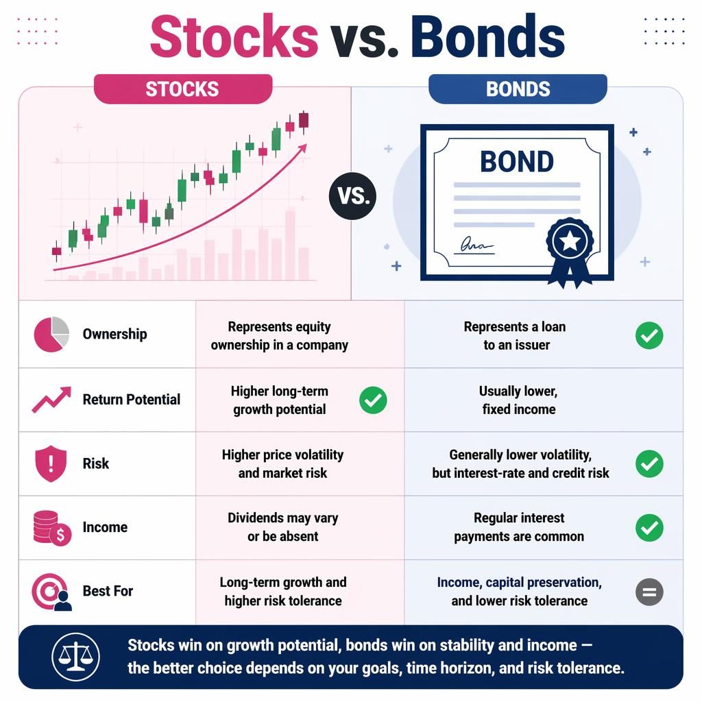 Side-by-side Stocks vs. Bonds infographic with 5 comparison rows, pink and navy columns, icons, and bottom verdict bar.