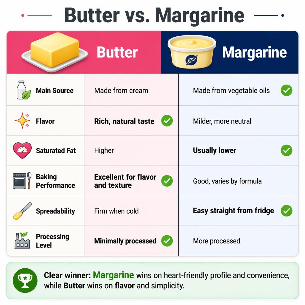 Infografía comparativa Butter vs. Margarine en dos columnas, 6 filas, íconos, checks verdes y veredicto final.
