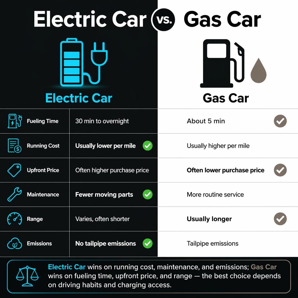 Side-by-side Electric Car vs Gas Car infographic with 6 comparison rows, icons, monochrome layout, and balanced verdict bar.