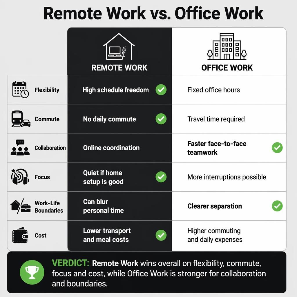 Infografía comparativa en dos columnas: Remote Work vs. Office Work, con 6 filas, iconos, ganadores y veredicto final.