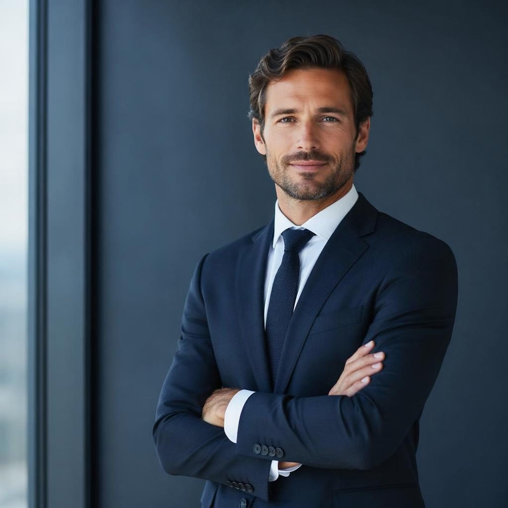 Professionele solo founder in formele zakelijke kleding in minimalistische studio met koele blauwe tinten.