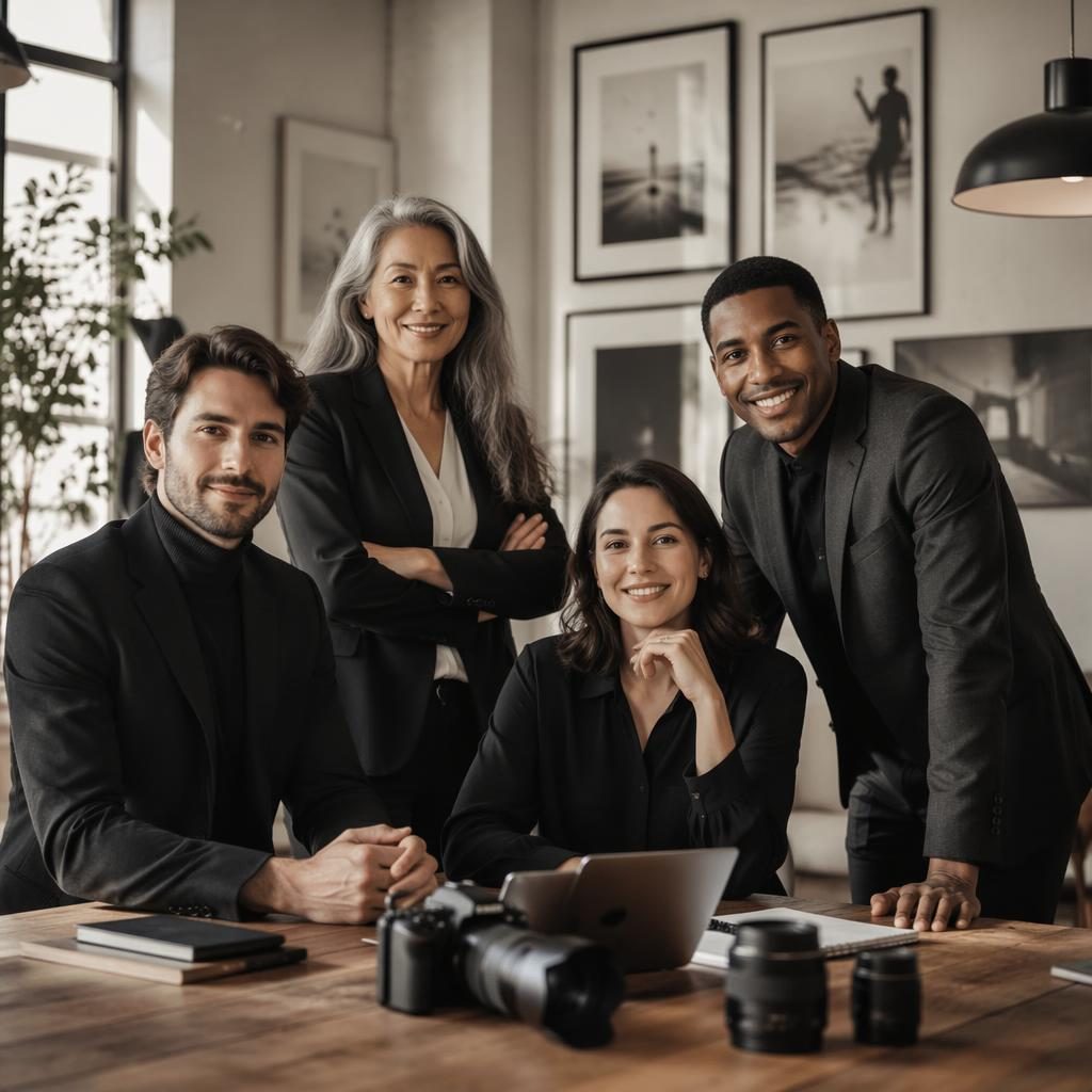 Petit groupe corporate de 3 personnes en tenue formelle dans un coworking chaleureux, lumière naturelle, palette monochrome.