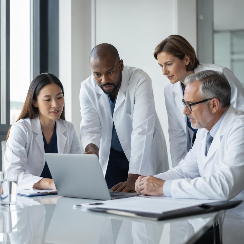 Pequeño equipo diverso con vestimenta clínica en sala de reuniones, luz natural y estética monocromática editorial.