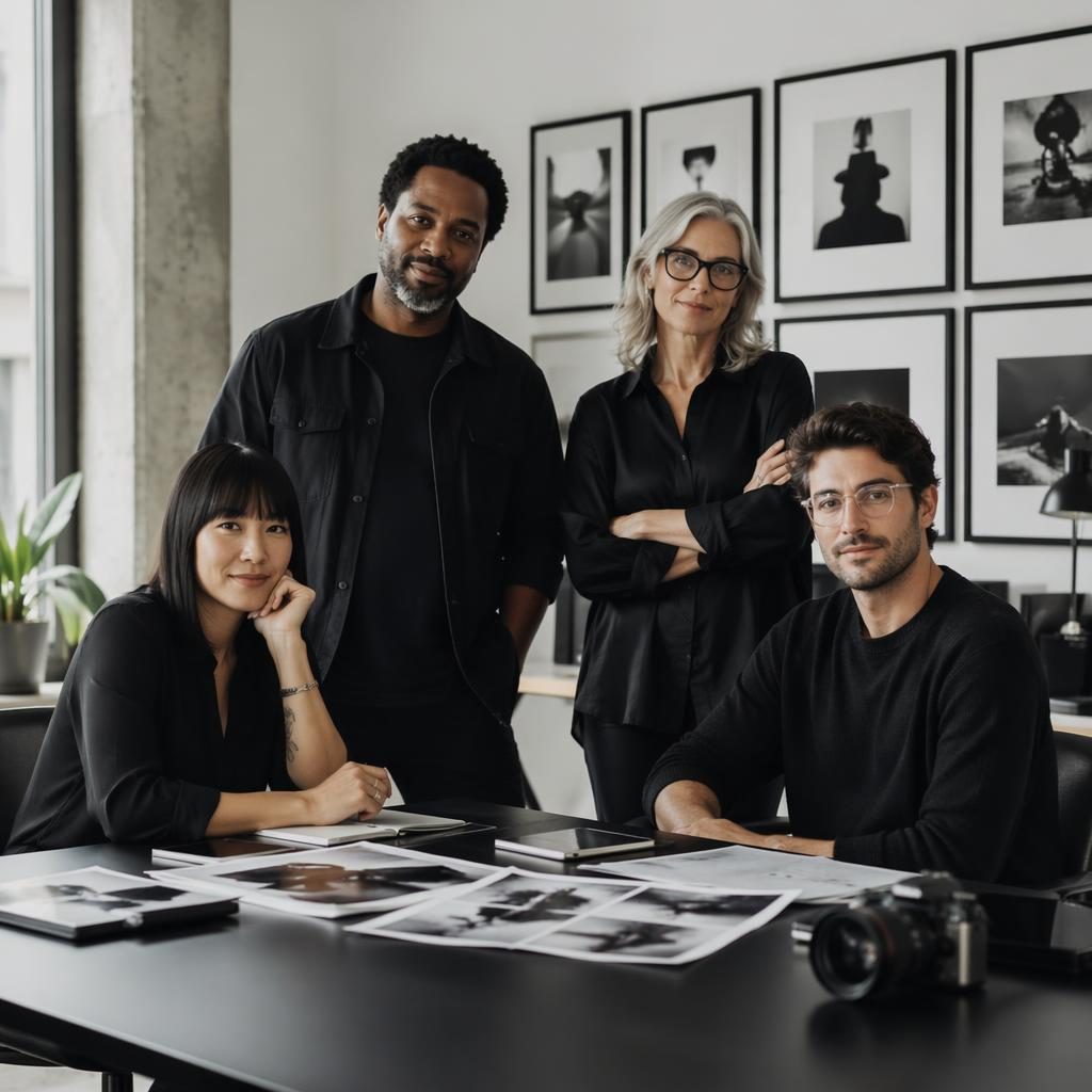 Small diverse creative agency team in an edgy monochrome meeting room, natural light, engaged expressions, editorial style