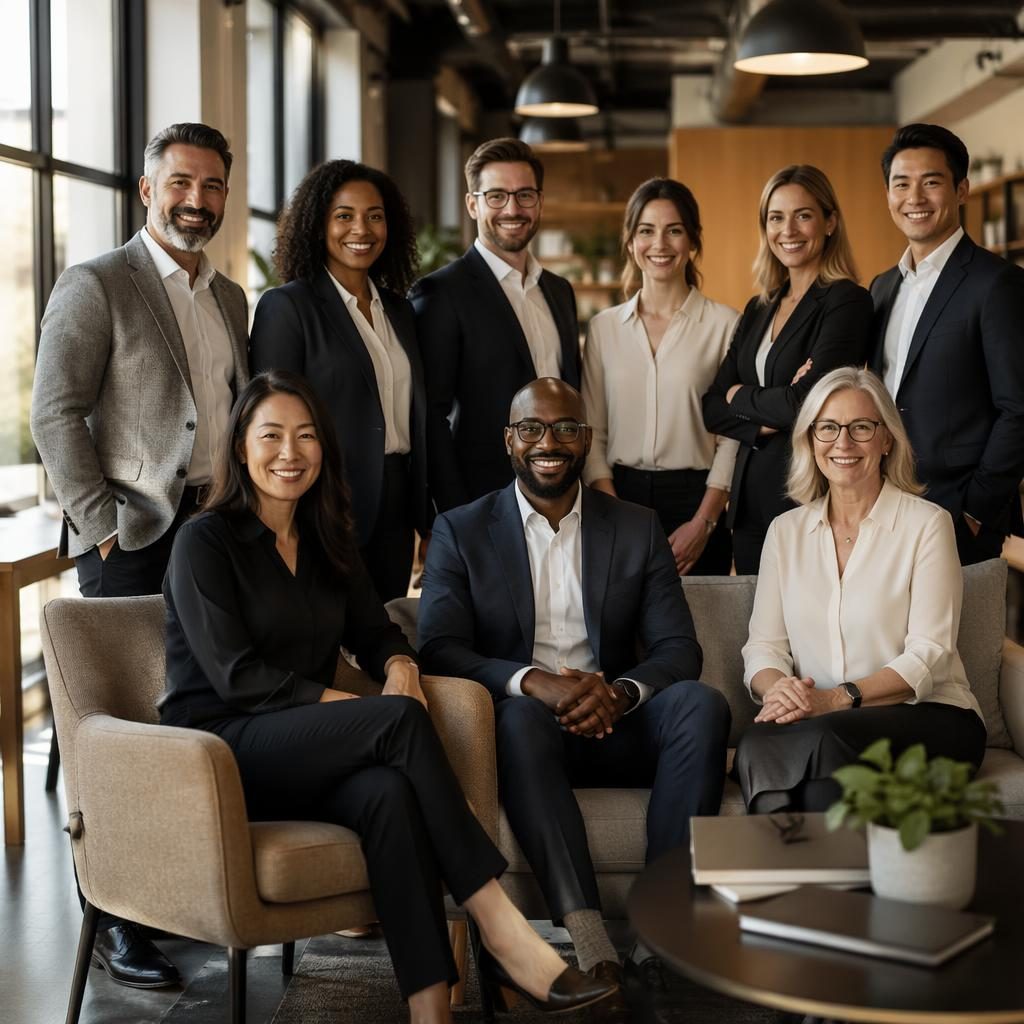 Photo de groupe d’une équipe dirigeante diverse dans un open space moderne, tenue formelle, lumière naturelle.
