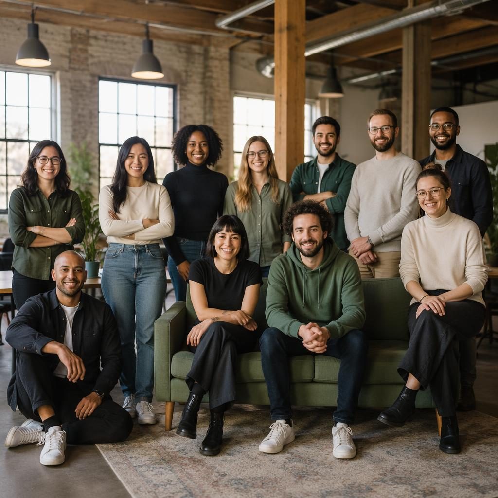 Two founders in hoodies and jeans pose in a bright industrial loft with natural light, sage and cream tones, and engaged expressions.