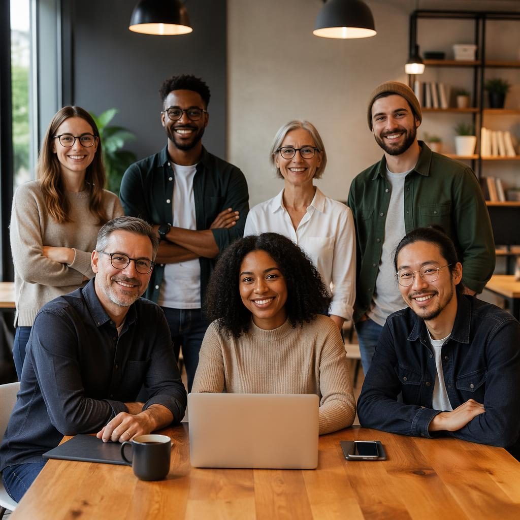 Fondateur seul en tenue smart casual dans un coworking chaleureux, lumière naturelle, style éditorial moderne contrasté