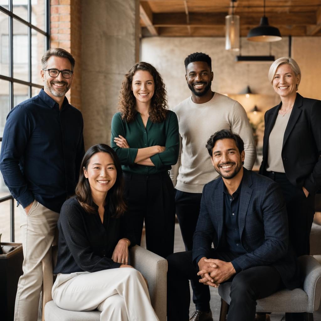 Medium-sized diverse executive team in creative casual attire posing in a warm neutral industrial loft with natural light