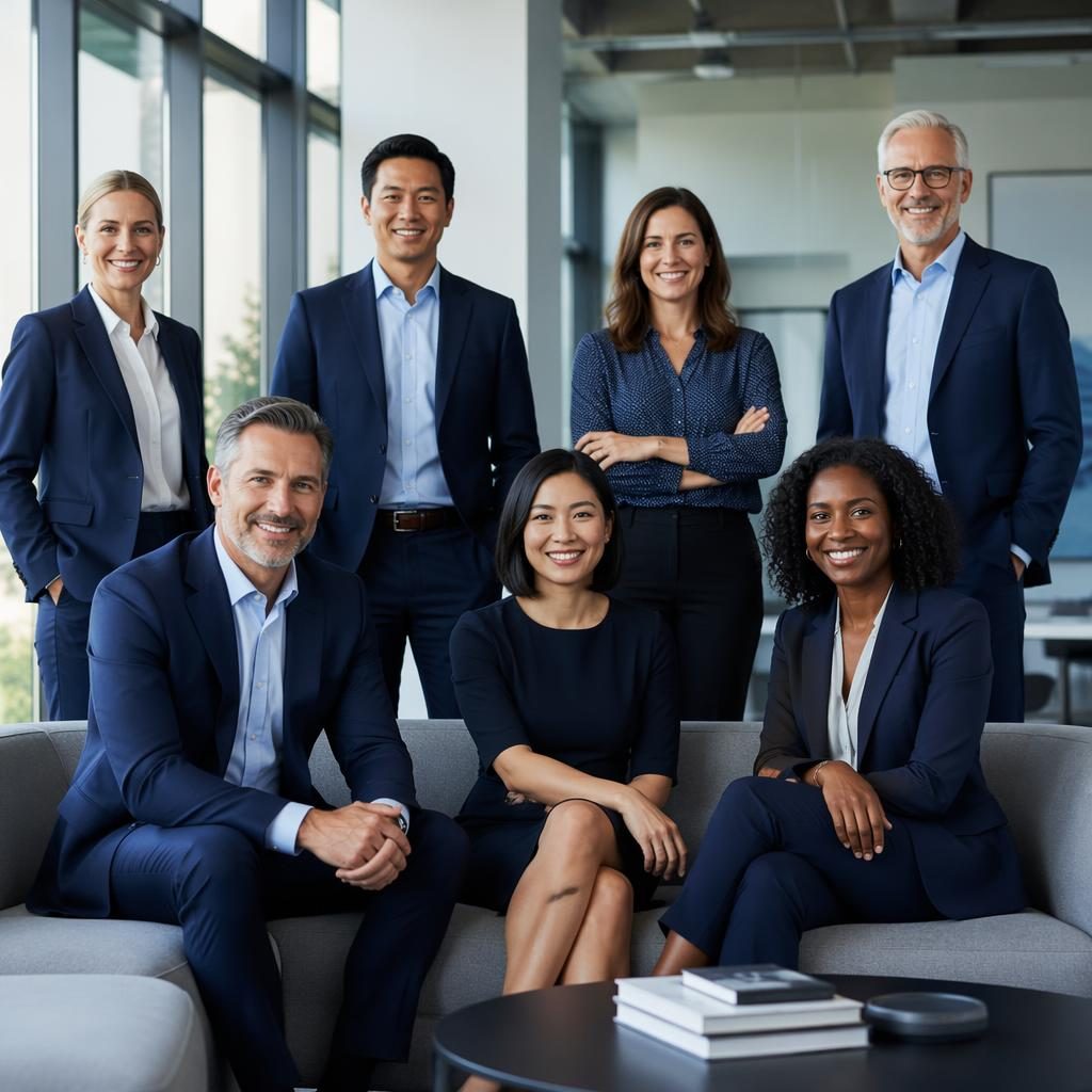 Groepsfoto van 6 zakelijke professionals in formele kleding in een modern open kantoor met natuurlijk licht.