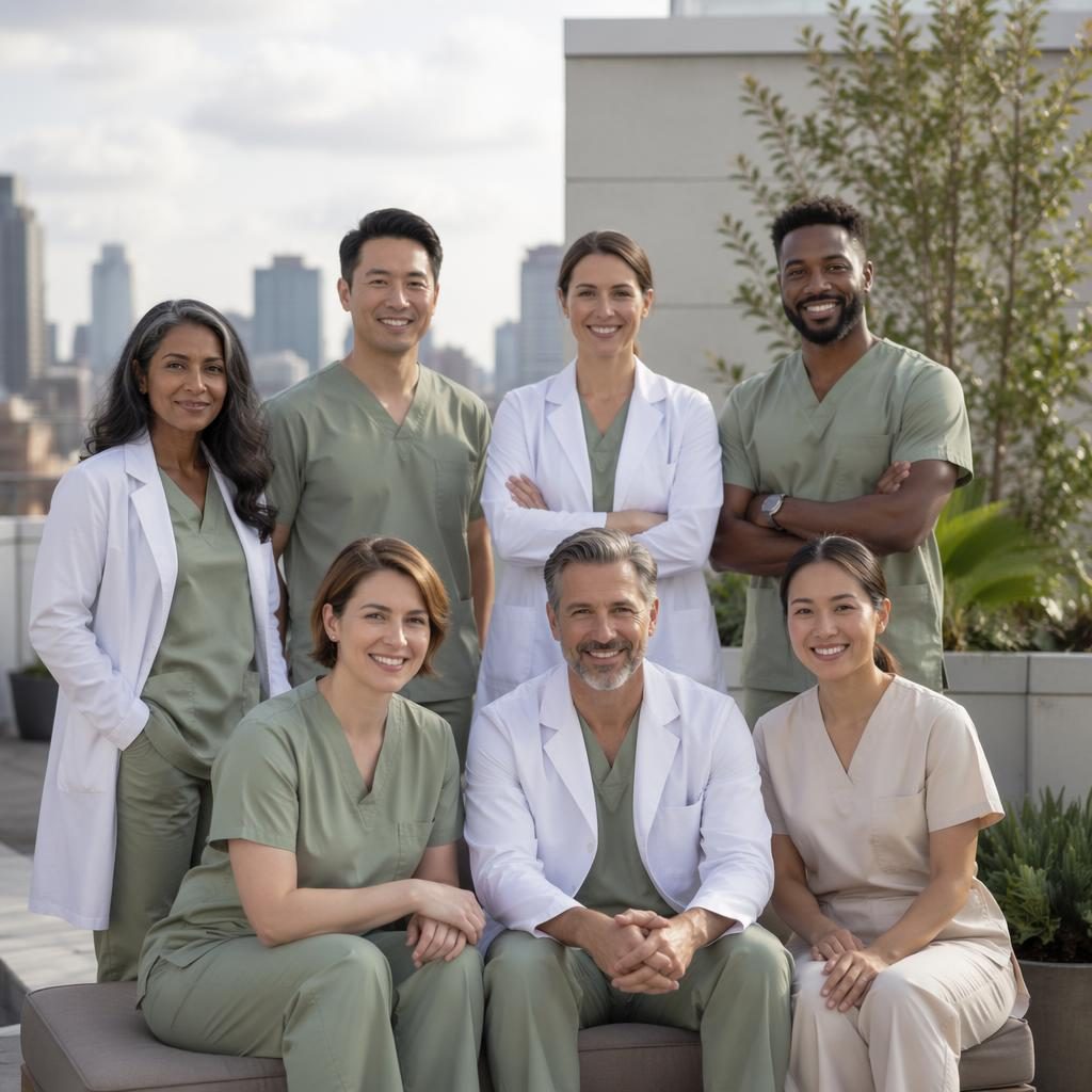 Two diverse founders in clinical attire stand on a quiet rooftop in natural light, wearing sage and cream tones.