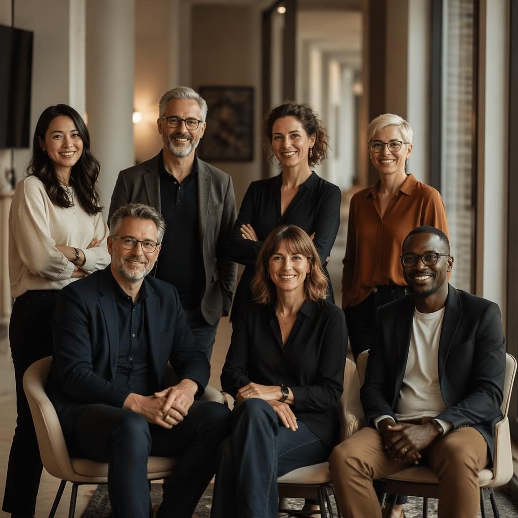 Groupe corporate de 6 personnes dans un couloir chaleureux, lumière naturelle, tenue casual chic, ambiance éditoriale