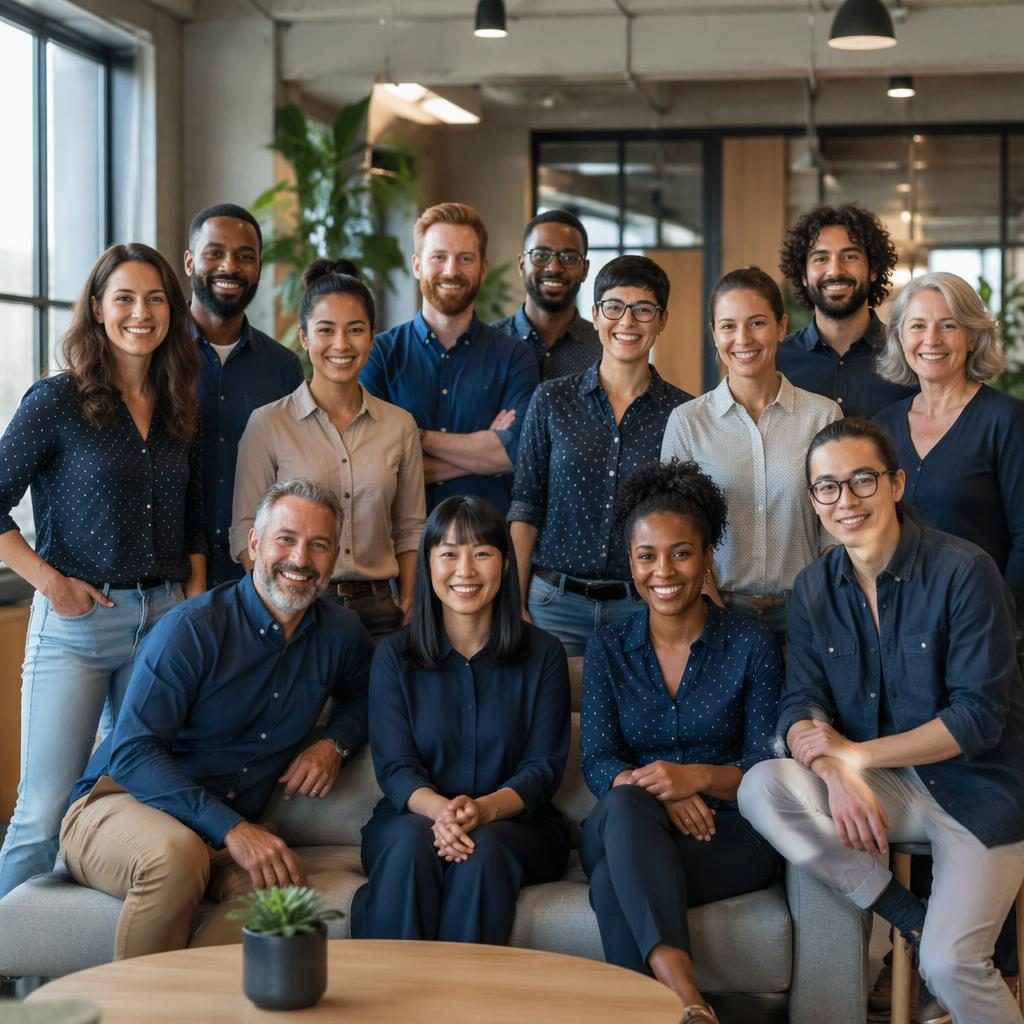 Large diverse business team in uniform posing in a warm coworking space with natural light and a cool blue palette.
