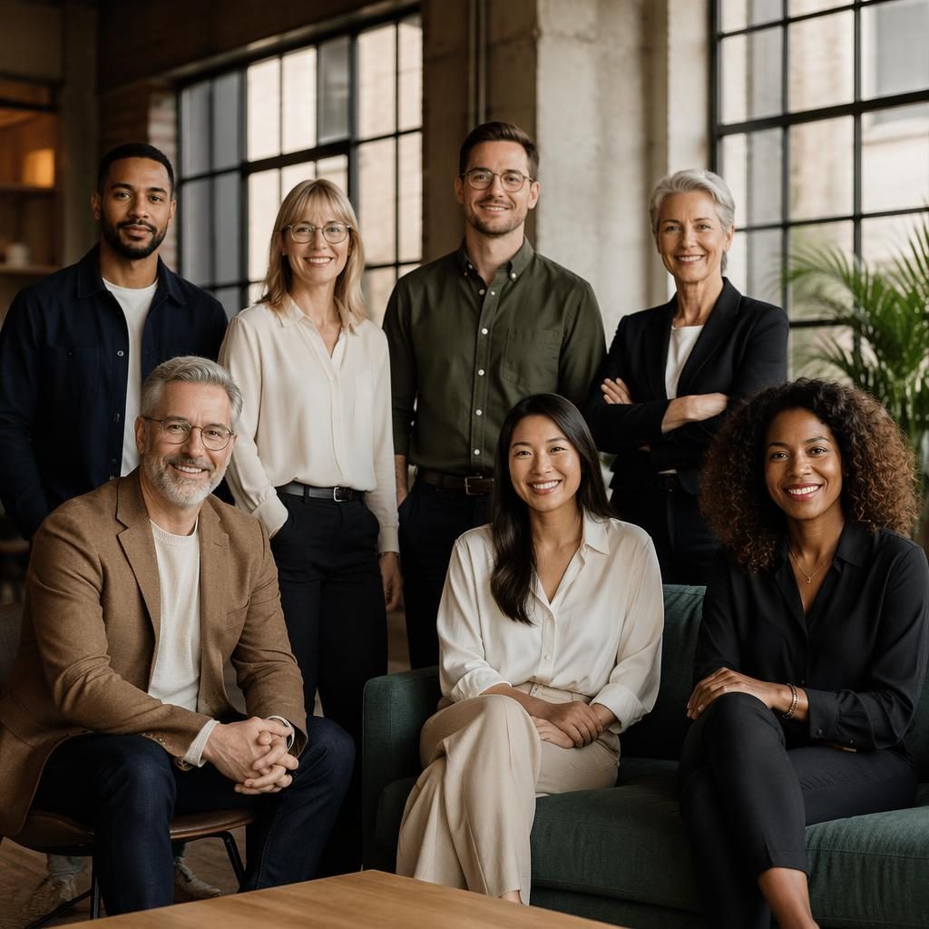 Diverse corporate team of six standing in an industrial loft, wearing creative casual executive attire in warm natural light.