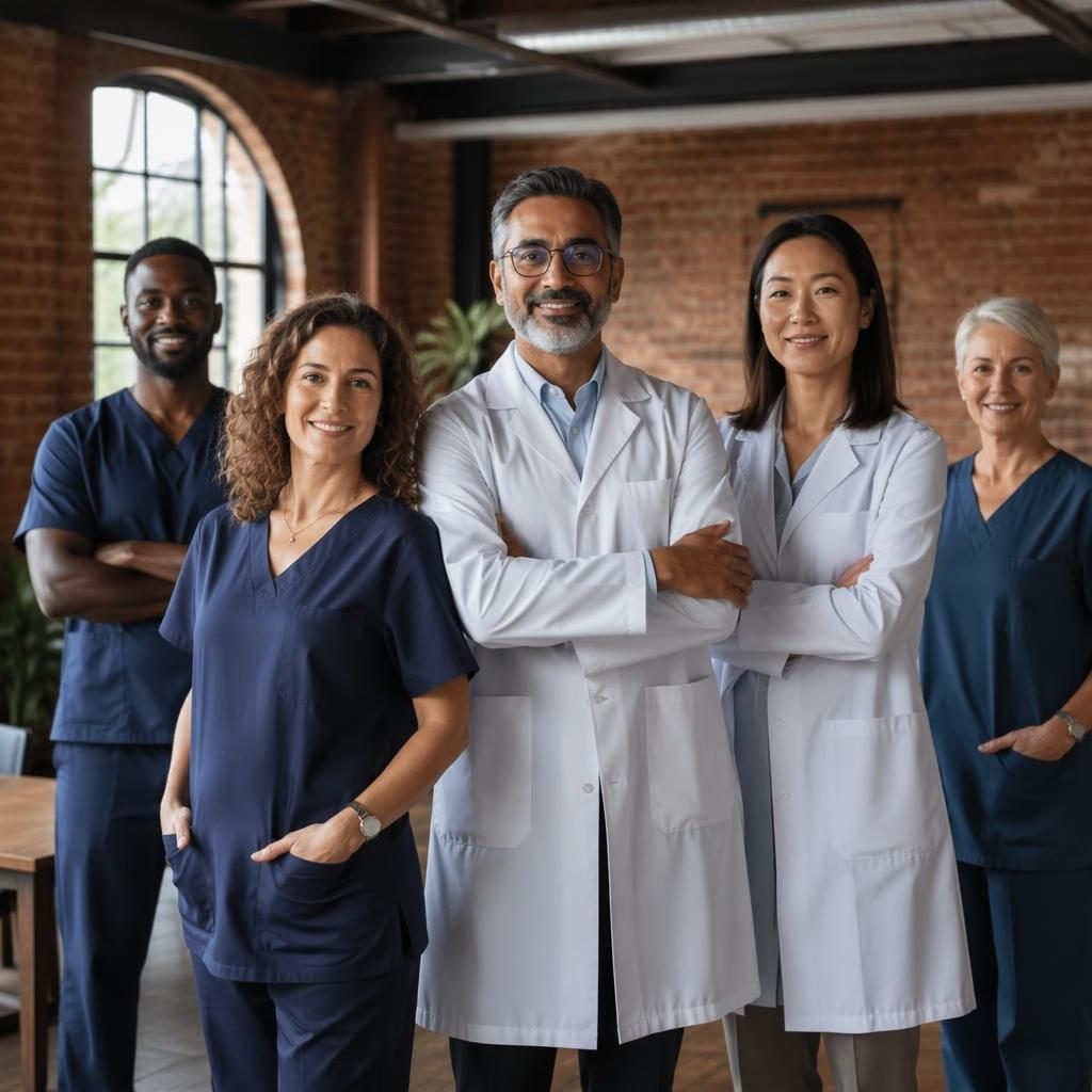 Groupe de dirigeants en tenue médicale dans un loft industriel, lumière naturelle, ambiance calme et palette terre chaude