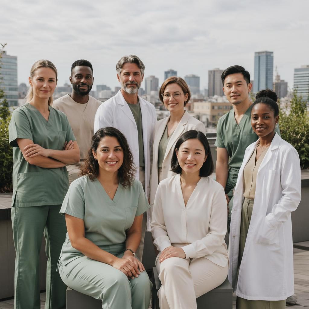 Duo fondateur en tenue médicale sur un rooftop, lumière naturelle, palette sauge et crème, expressions calmes