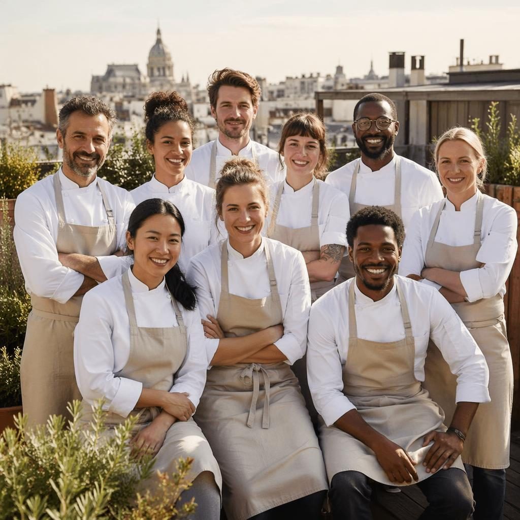 Photo de groupe d’une équipe dirigeante en tenue professionnelle sur un rooftop, lumière naturelle, ambiance chaleureuse.