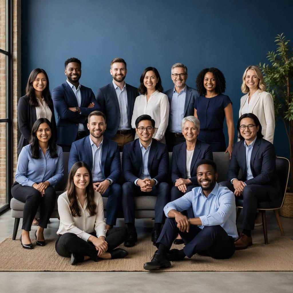 Large diverse corporate team in formal business attire posing in a minimalist studio with a cool blue palette and warm natural light.