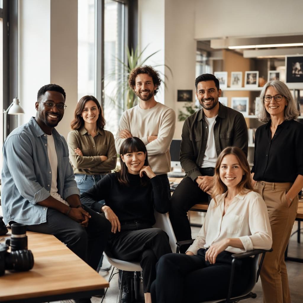 Photo de groupe d’une équipe diverse de 6 personnes dans un open space moderne, tenue smart casual, lumière naturelle.