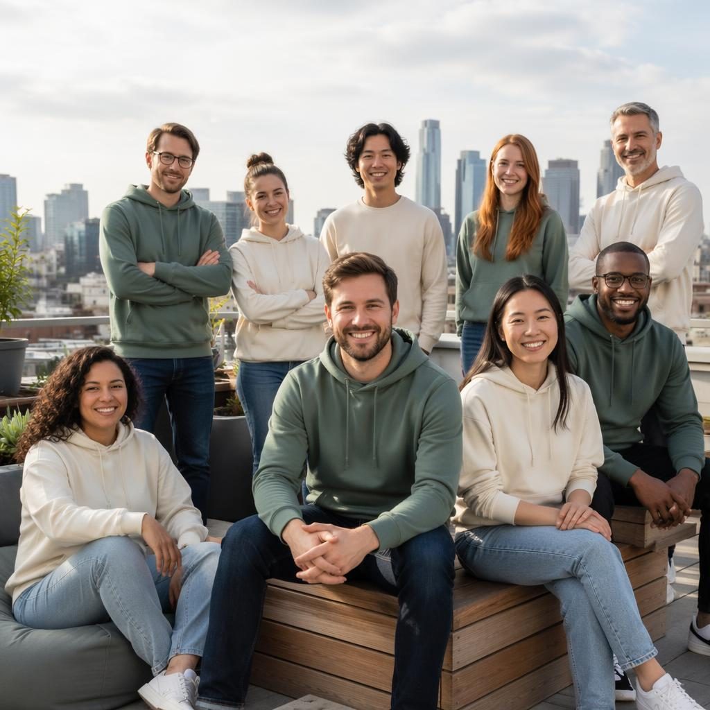 Zwei Gründer in Hoodie und Jeans auf einer Dachterrasse, natürliches Licht, sage-creme Farbwelt, authentische Stimmung