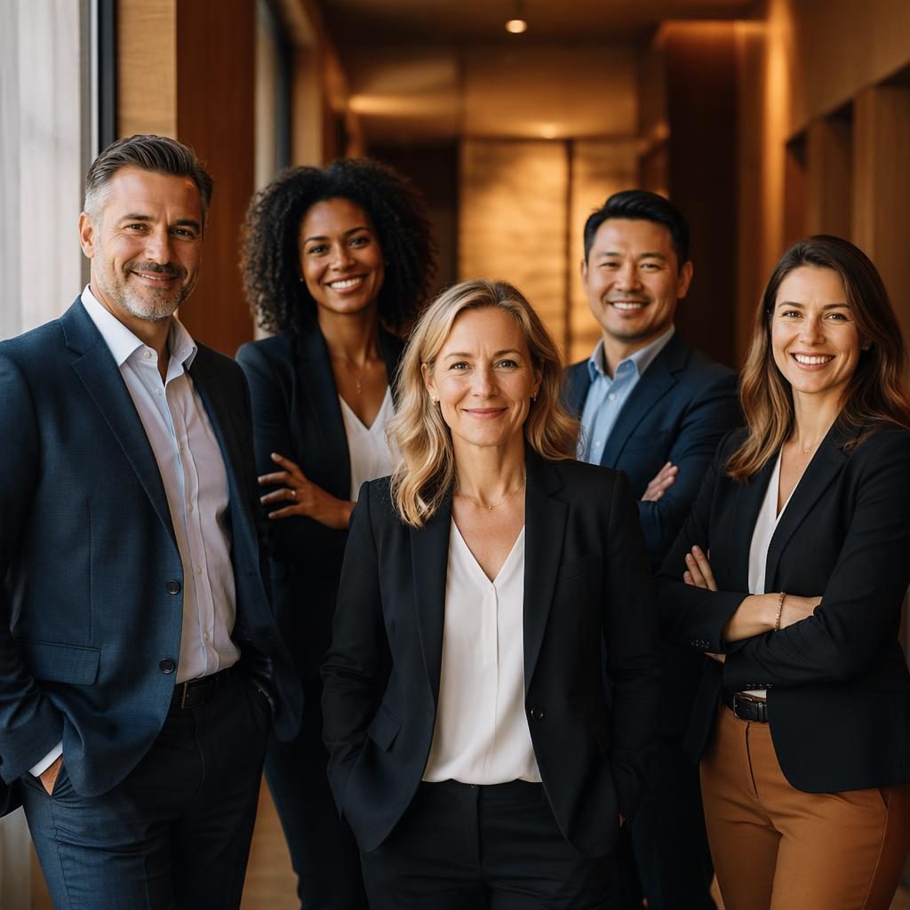 Photo de groupe d’une équipe dirigeante diverse dans un couloir chaleureux, en tenue business formelle, lumière naturelle.