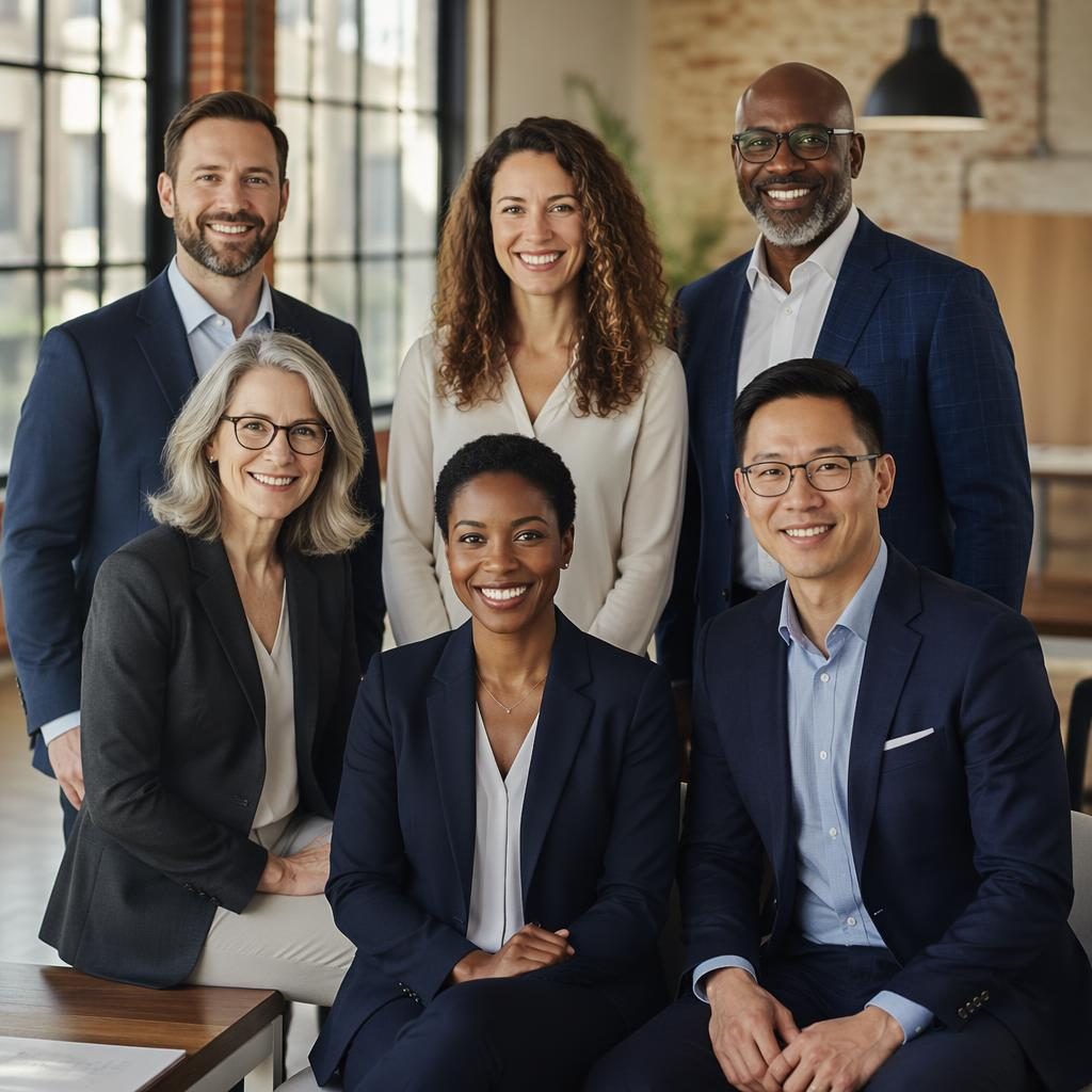 Diverse uniformed team of six in an industrial loft, warm neutral tones, natural light, smiling at camera.