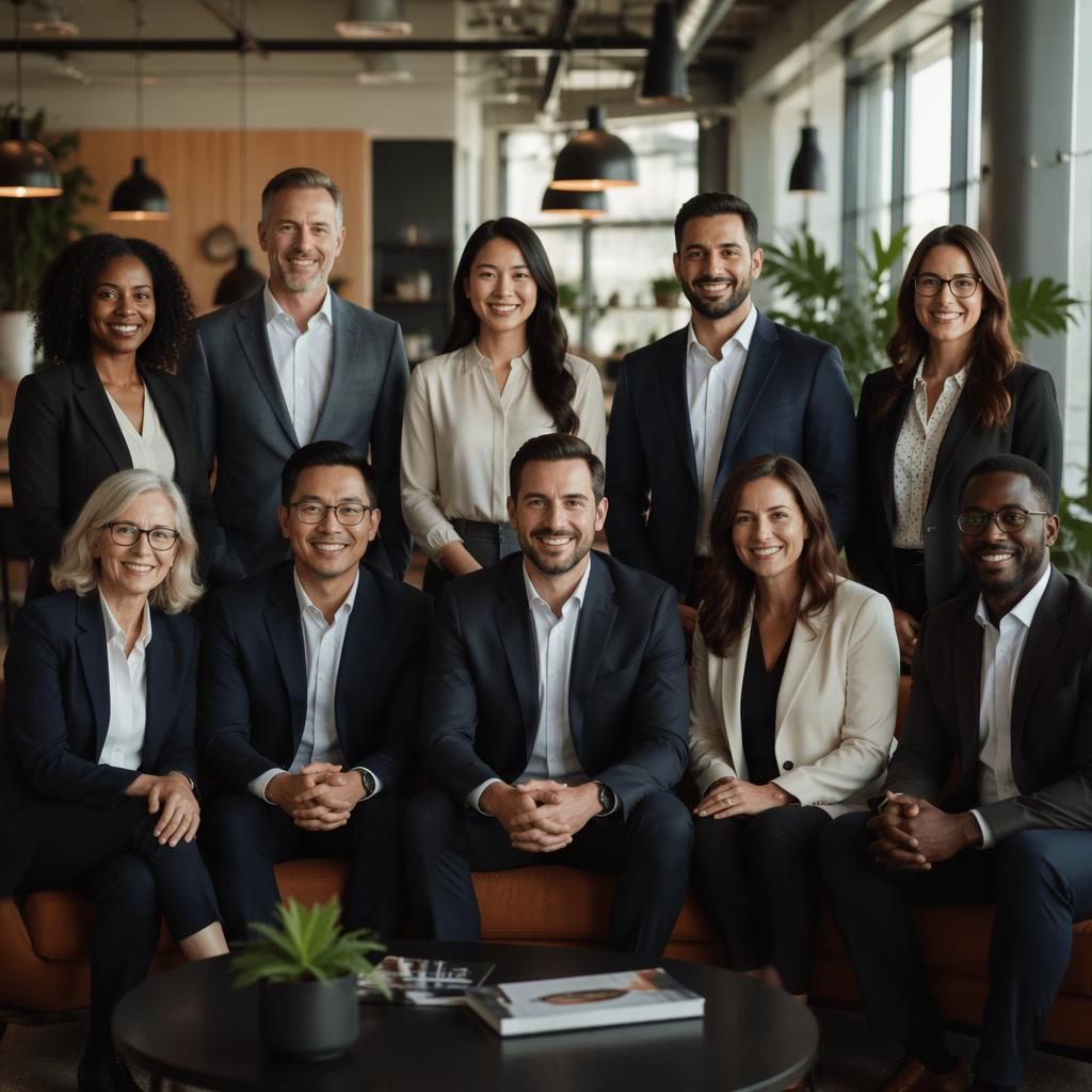 Diverse executive team in formal business attire standing in a modern open office with warm natural light.