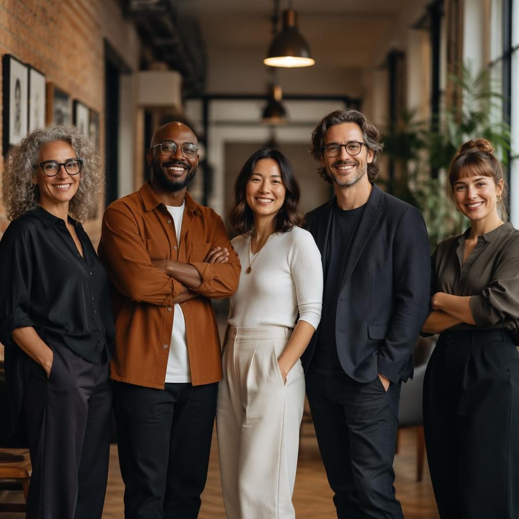 Diverse executive team of four in edgy agency attire standing in a warm hallway with natural light and engaged expressions