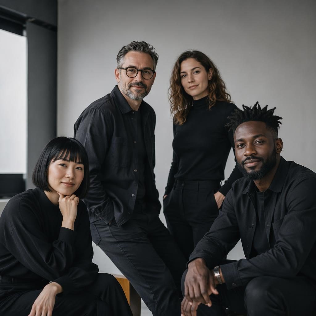 Petit groupe de 3 personnes en studio minimaliste monochrome, style agence créative, lumière naturelle, poses engagées.