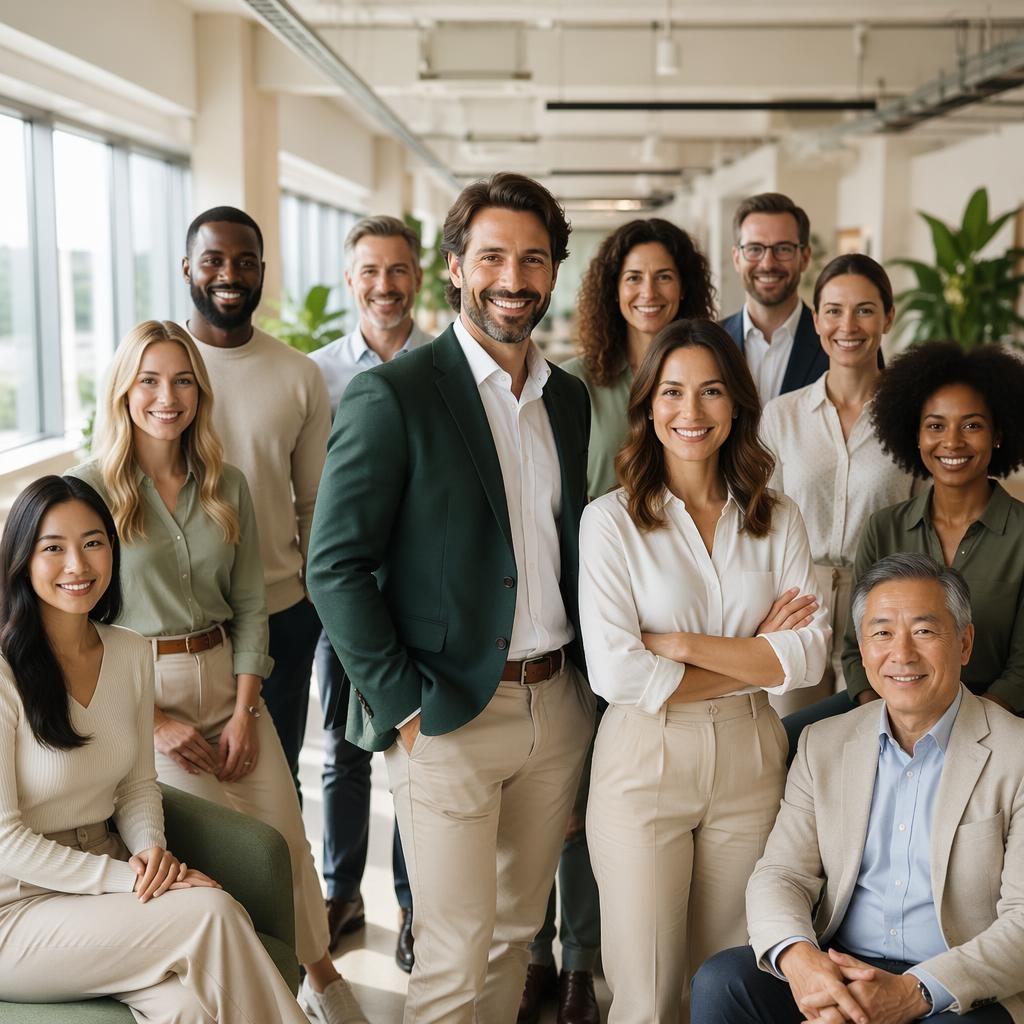 Pareja de fundadores en oficina abierta moderna, luz natural, vestimenta formal y ambiente cálido en tonos salvia y crema