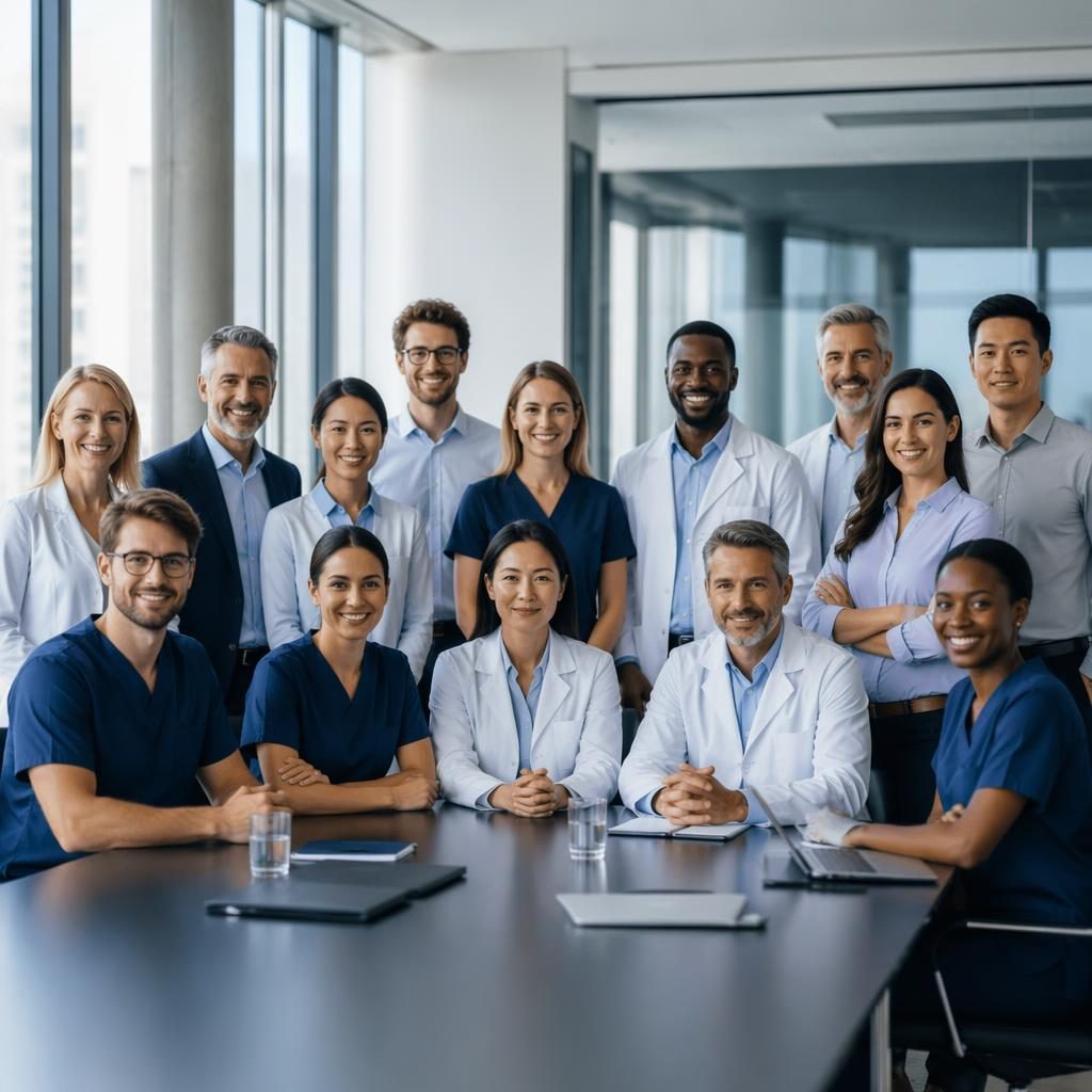 Grande équipe diverse de 10 à 15 personnes en tenue clinique dans une salle de réunion lumineuse, ambiance calme.