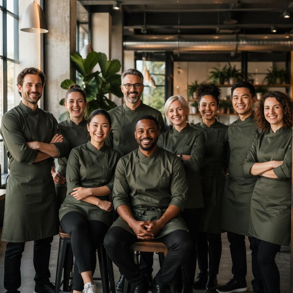 Groupe de 4 dirigeants en tenue uniforme dans un open space moderne, lumière naturelle, ambiance chaleureuse et inclusive.