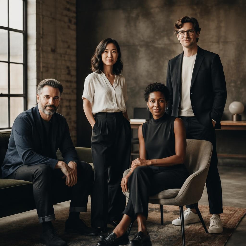 Photo de groupe d’une équipe dirigeante diverse dans un loft industriel, lumière naturelle, style éditorial élégant
