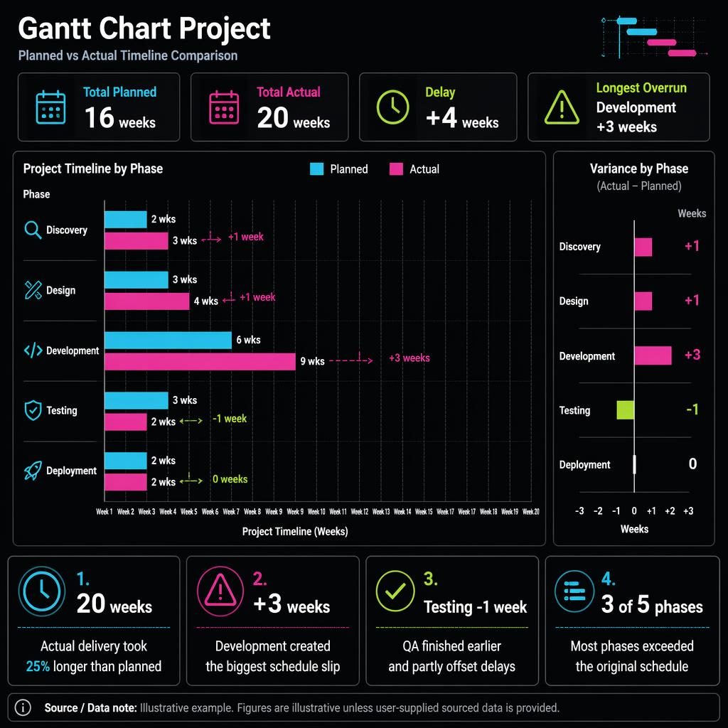 Dark-mode neon Gantt chart infographic comparing planned vs actual project timelines across five phases and 20 weeks.