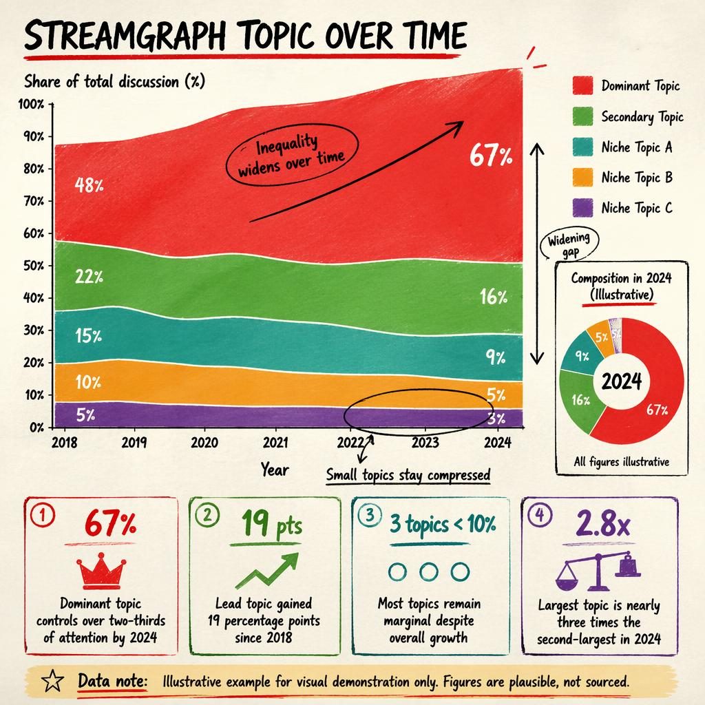 Hand-annotated streamgraph timeline from 2018 to 2024 with donut inset, callouts, English labels, and off-white paper texture.