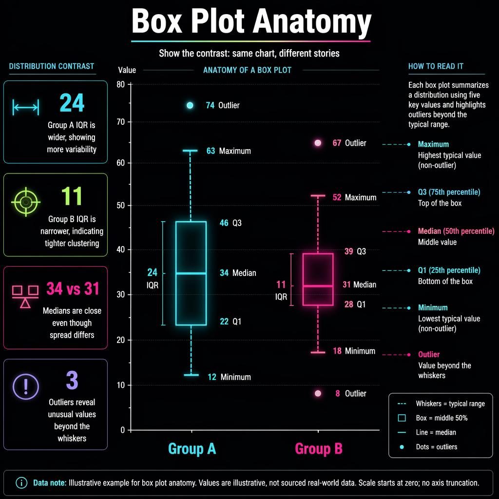 Dark neon infographic with side-by-side box plots for Group A and Group B, labeled quartiles, whiskers, outliers, axis, legend.