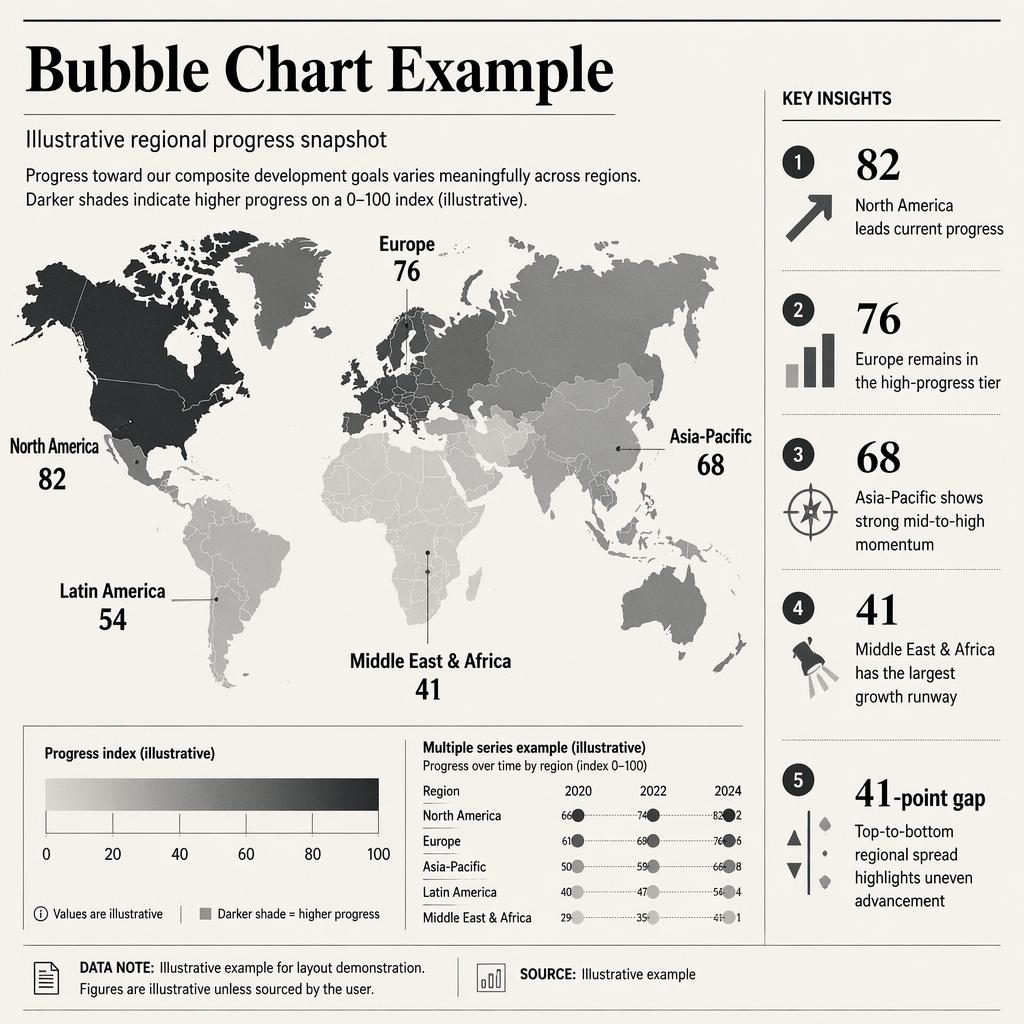 Monochrome world choropleth map infographic with regional progress values, legend, inset comparison dots, and insight callouts.