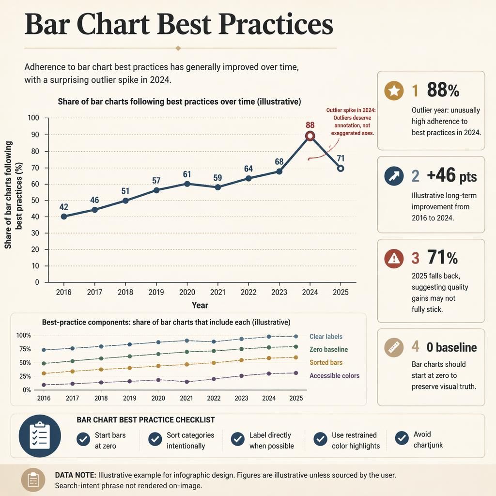 Editorial infographic with a 2016–2025 trend line, 2024 outlier at 88%, callouts, checklist, and source note.