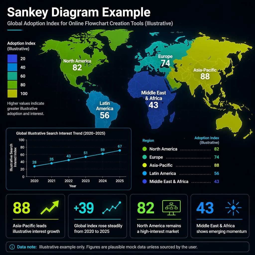 Dark neon world choropleth map infographic with adoption index legend, 2020–2025 trend inset, and 4 insight callouts.