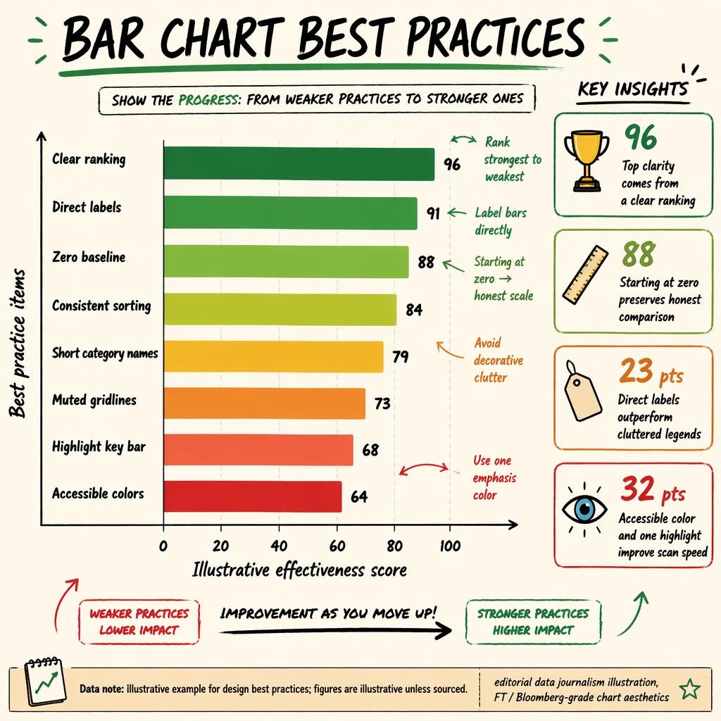 Sketchnote ranked bar chart infographic with 8 horizontal bars, red-to-green progress, callouts, arrows, and axis labels.