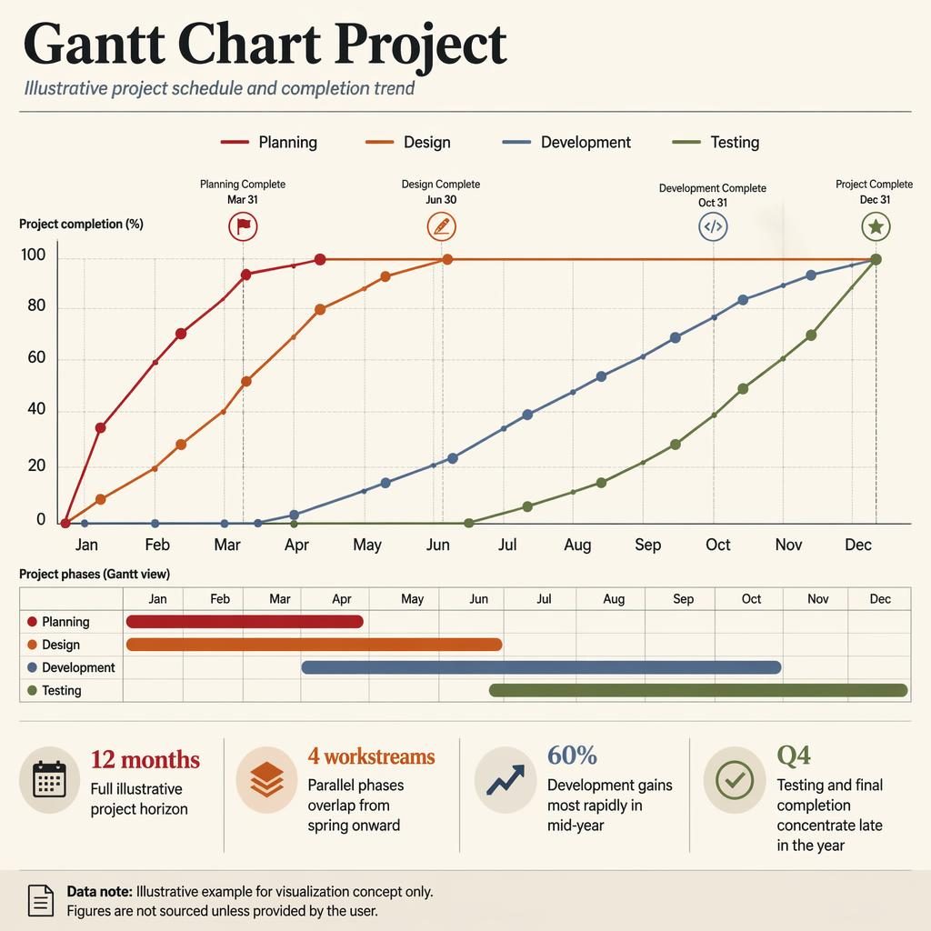 Editorial infographic showing a 12-month project trend line chart with four workstreams, milestones, legend, and data note.
