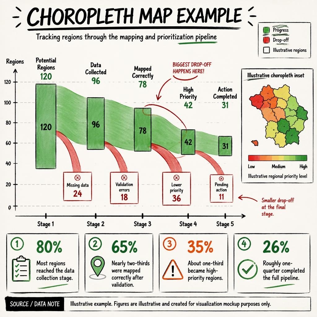 Hand-annotated Sankey pipeline infographic with choropleth inset, stage labels, drop-off branches, callouts, and scales.
