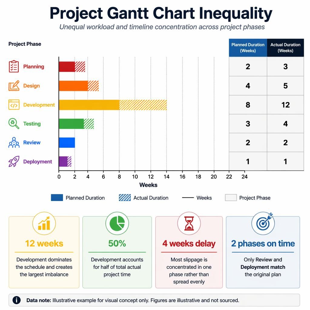 Flat infographic comparing planned vs actual project phase durations in weeks, with unequal Gantt-style rainbow bars from 0 to 24.