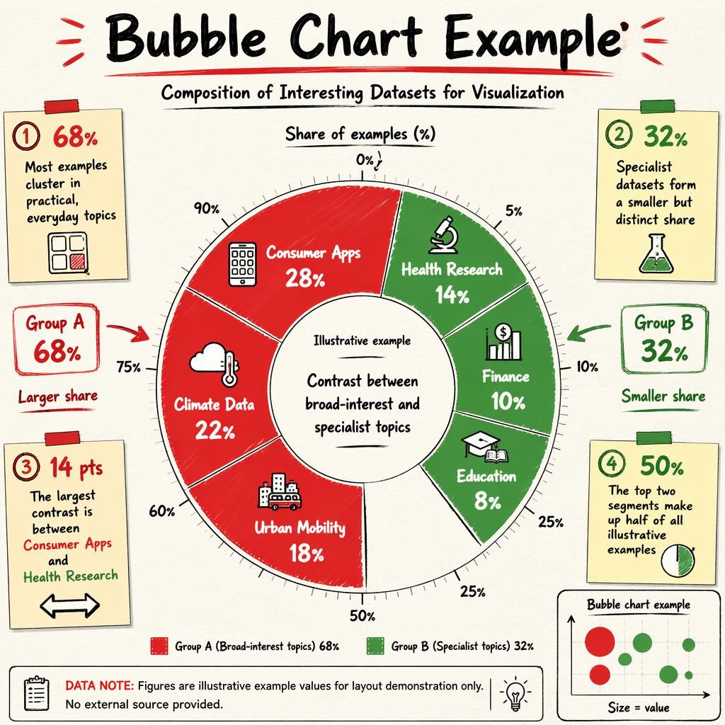 Hand-drawn donut infographic on interesting datasets for visualization with 68% Group A, 32% Group B, labels and callouts.