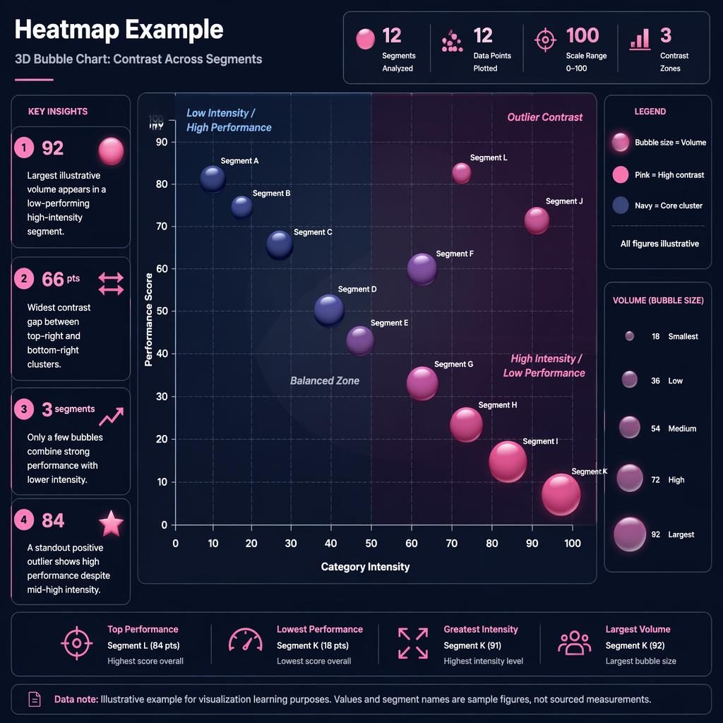 Dark navy dashboard infographic with 3D bubble chart heatmap, 12 labeled segments, pink highlights, axes, legend, and callouts.