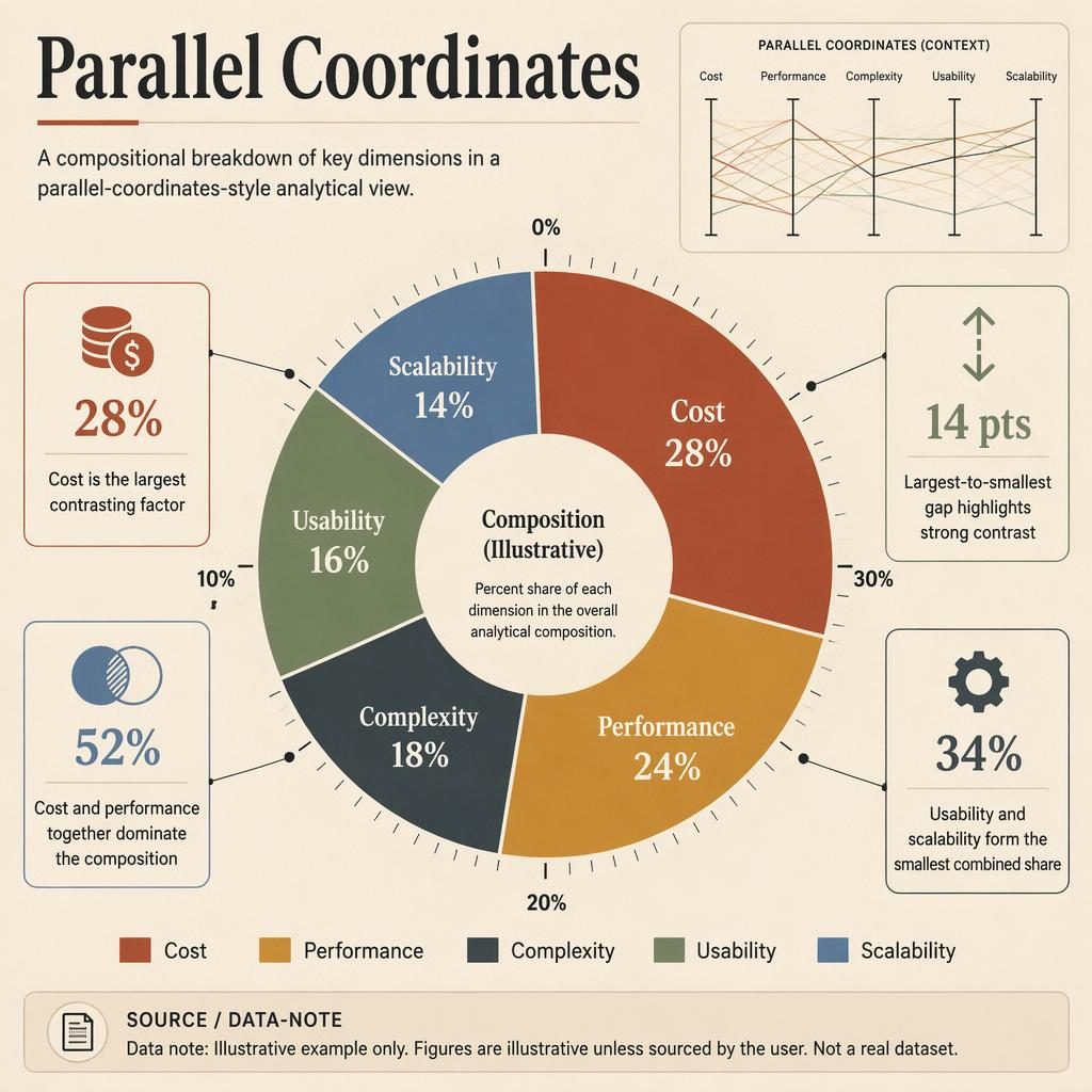 Editorial infographic with a central donut chart, 5 labeled segments, insight callouts, legend, and mini parallel axes panel.